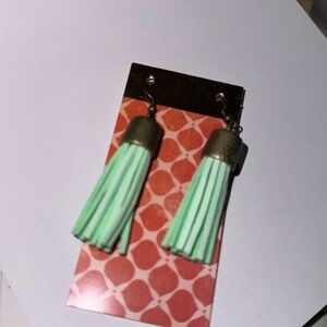 Mint tassel earrings brass vintage patina finish faux green suede dangle‎ NEW
